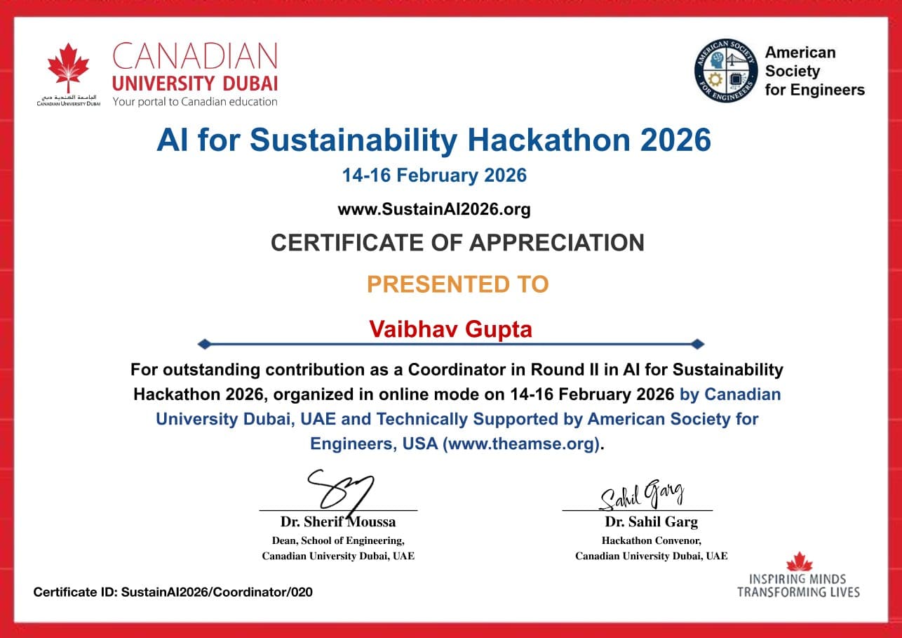 Certificate of appreciation: Coordinator & Judge, Round II, AI for Sustainability Hackathon 2026