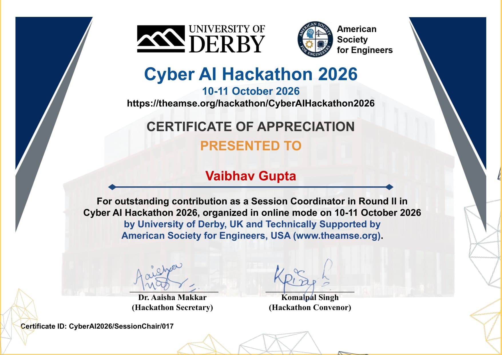 Certificate of appreciation: Session Coordinator, Round II, Cyber AI Hackathon 2026