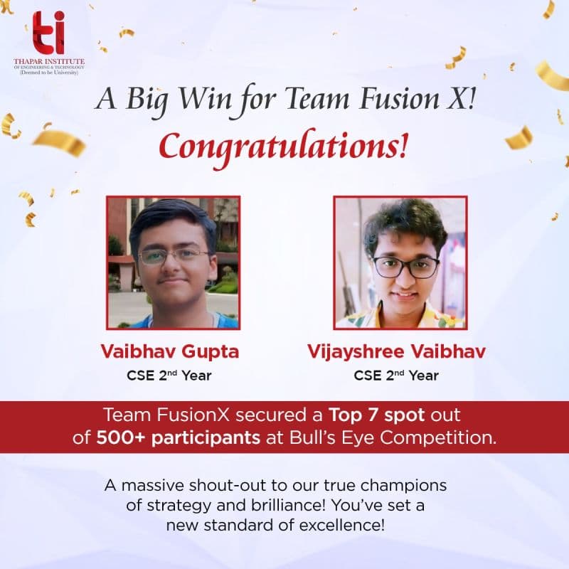 TIET post congratulating Team FusionX on reaching the Bull's Eye finals