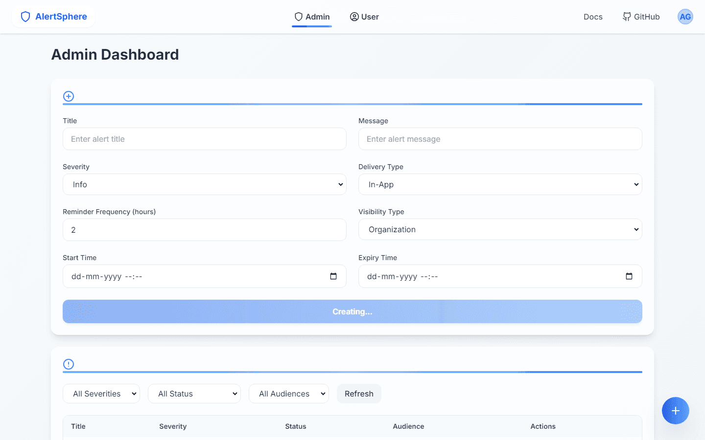 AlertSphere admin dashboard with an alert form for title, message, severity, delivery type, reminder frequency and visibility