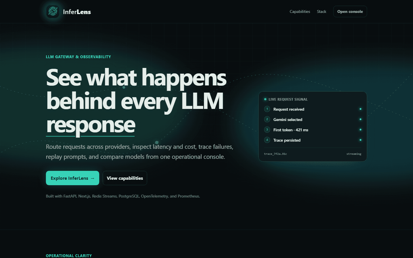 InferLens landing page: 'See what happens behind every LLM response' with a request signal panel